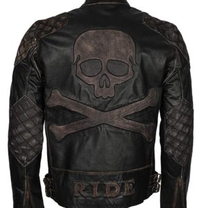 Mens skull embossed brown leather jacket back view