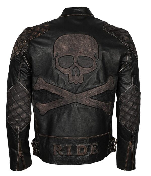 Mens skull embossed brown leather jacket back view