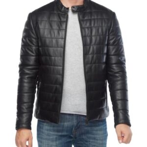 Mens Inflatable genuine leather black coat front view