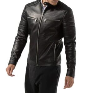 Finn black leather biker jacket front view