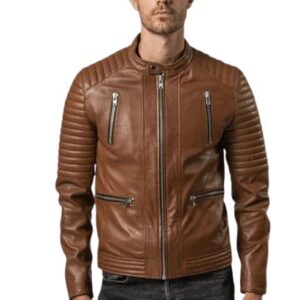 Brown leather quilted racer jacket for men front view