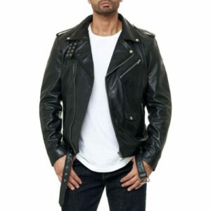 Mens asymmetrical black leather jacket front view