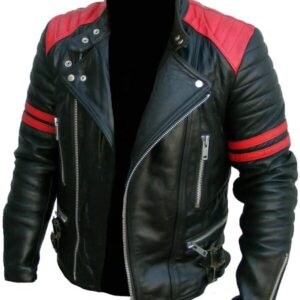 Mens red and black biker leather jacket front view