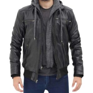 Mens black german hooded bomber leather jacket front view