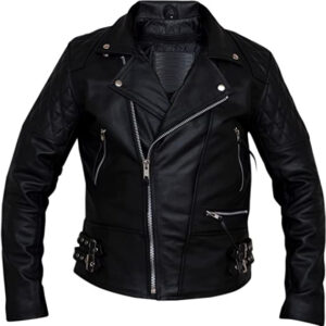 Mens quilted black lambskin leather jacket front view