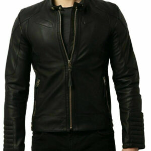 Mens black stylish leather jacket front view