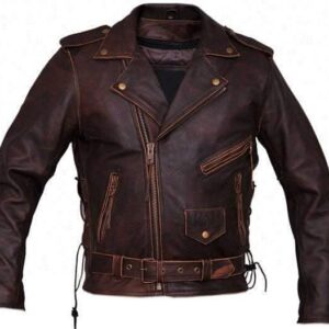 Mens brando brown leather motorcycle jacket front view