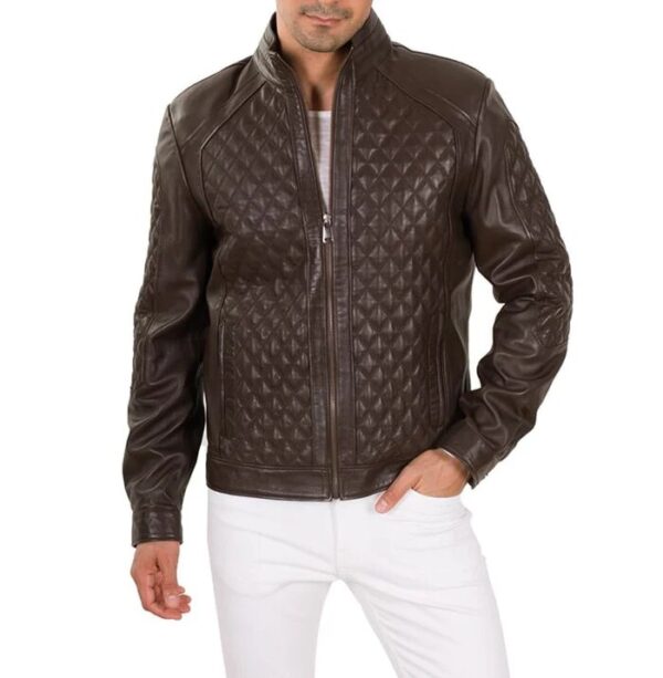 luigi brown leather quilted biker jacket front view