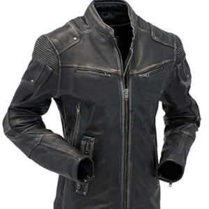 Mens cafe racer distressed leather jacket front view