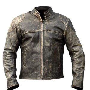 Mens distressed biker leather jacket front view