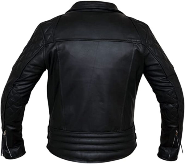 Mens quilted black lambskin leather jacket back view