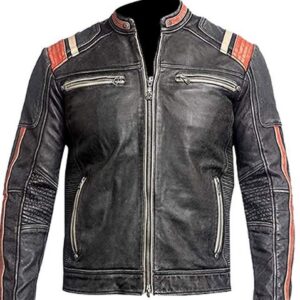 Mens retro distressed biker leather jacket front view