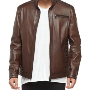 Mens slim fit brown leather biker jacket front view