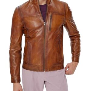 Daniel waxed brown slimfit leather jacket front view