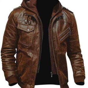 Mens vintage brown hoodie leather biker jacket front view