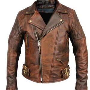 Mens vintage brown leather motorcycle jacket front view