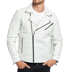 Jayden white leather biker jacket front view