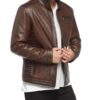 Mens slim fit brown leather biker jacket side view