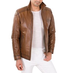 Hery tan leather biker jacket front view