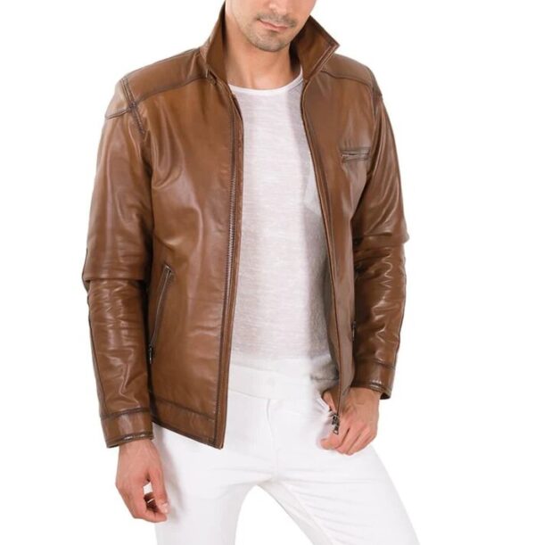 Hery tan leather biker jacket front view