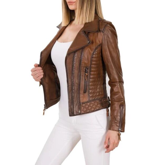 Levante brown leather biker jacket side view