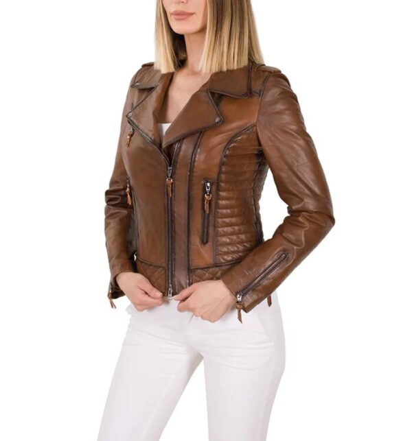 Levante brown leather biker jacket front view