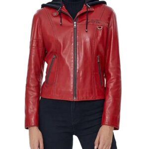 Red hooded leather jacket womens front view