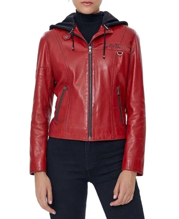 Red hooded leather jacket womens front view