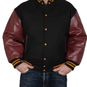 black and burgundy jacket with burgundy leather sleeves front view