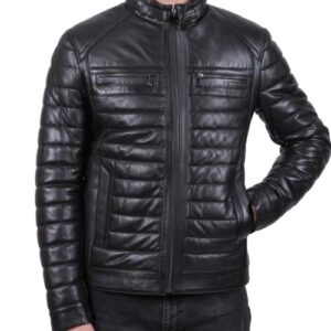 Mens black puffer bomber biker leather jacket front view