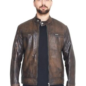 Mens distressed cafe racer leather jacket front view