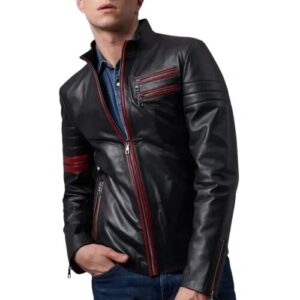 Mens black red stripes motorcycle leather jacket front view