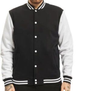 Mens black and white baseball jacket front view