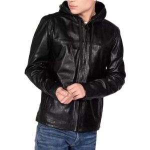 Mens black cafe racer leather hooded jacket front view