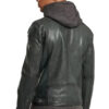 Mens black leather hooded biker jacket back view
