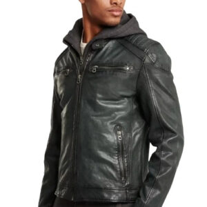 Mens black leather hooded biker jacket front view