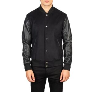 Mens black leather varsity jacket front view