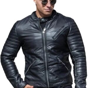 Mens black biker cafe racer quilted leather jacket front view