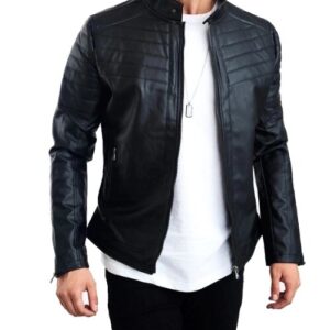 Eric black quilted leather racer jacket front view