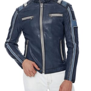 Mens blue leather biker jacket front view