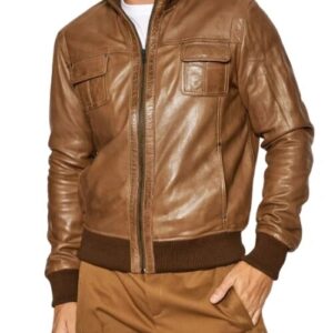 Mens brown biker leather jacket front view