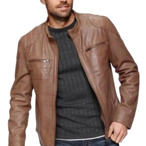 Mens brown waxed cafe racer leather jacket front view