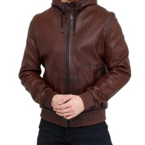 Mens classic brown hooded leather jacket front view