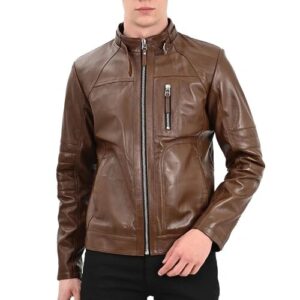 Mens brown lambskin zipper leather jacket front view