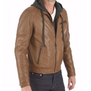 Mens brown leather hooded biker jacket front view