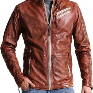 Mens vintage Leather distressed biker jacket front view