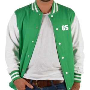 Green and white varsity jacket front view