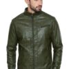 Mens green slim fit biker waxed leather jacket front view