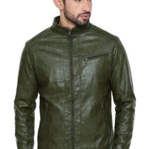 Mens green slim fit biker waxed leather jacket front view