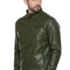 Mens green slim fit biker waxed leather jacket side view